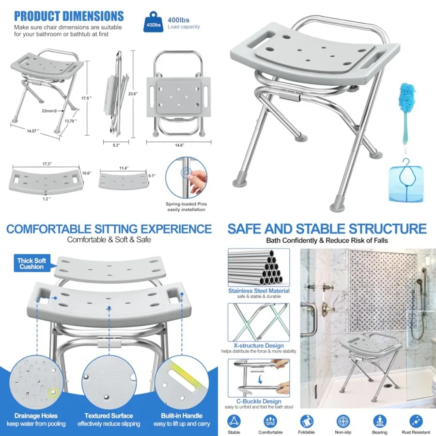 Folding Shower Chair Seat, 17.5" Stainless Steel Small Shower Chair for Inside Shower with Pad, 400lbs Portable Travel Shower S
Folding Shower Chair Seat, 17.5" Stainless Steel Small Shower Chair for Inside Shower with Pad, 400lbs Portable Travel Shower S