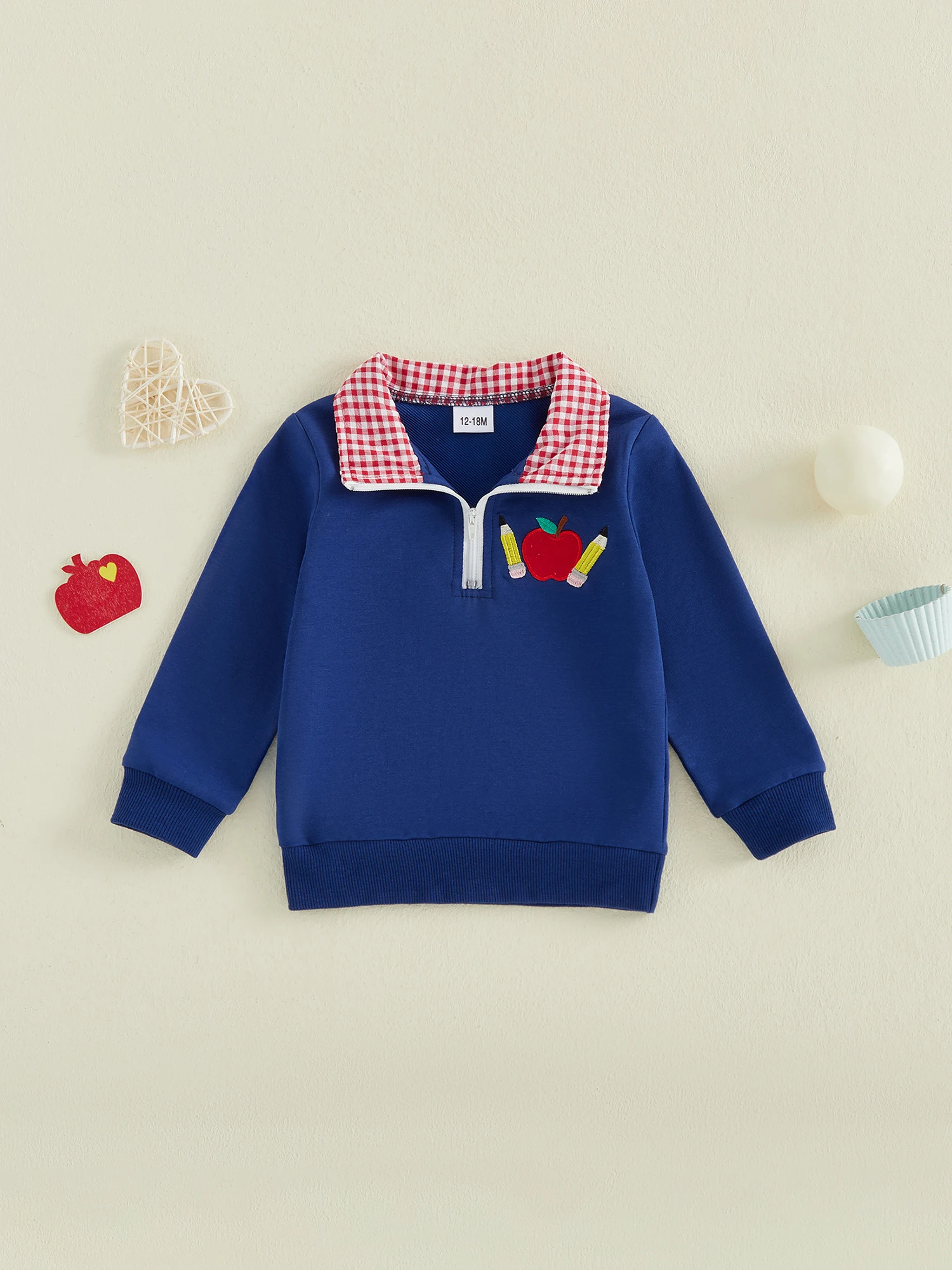 Infant Boy s Crew Neck Sweatshirt with Cute Pencil and Apple Embroidery Long Sleeve Pullover with Upper Zipper Detail
Infant Boy s Crew Neck Sweatshirt with Cute Pencil and Apple Embroidery Long Sleeve Pullover with Upper Zipper Detail