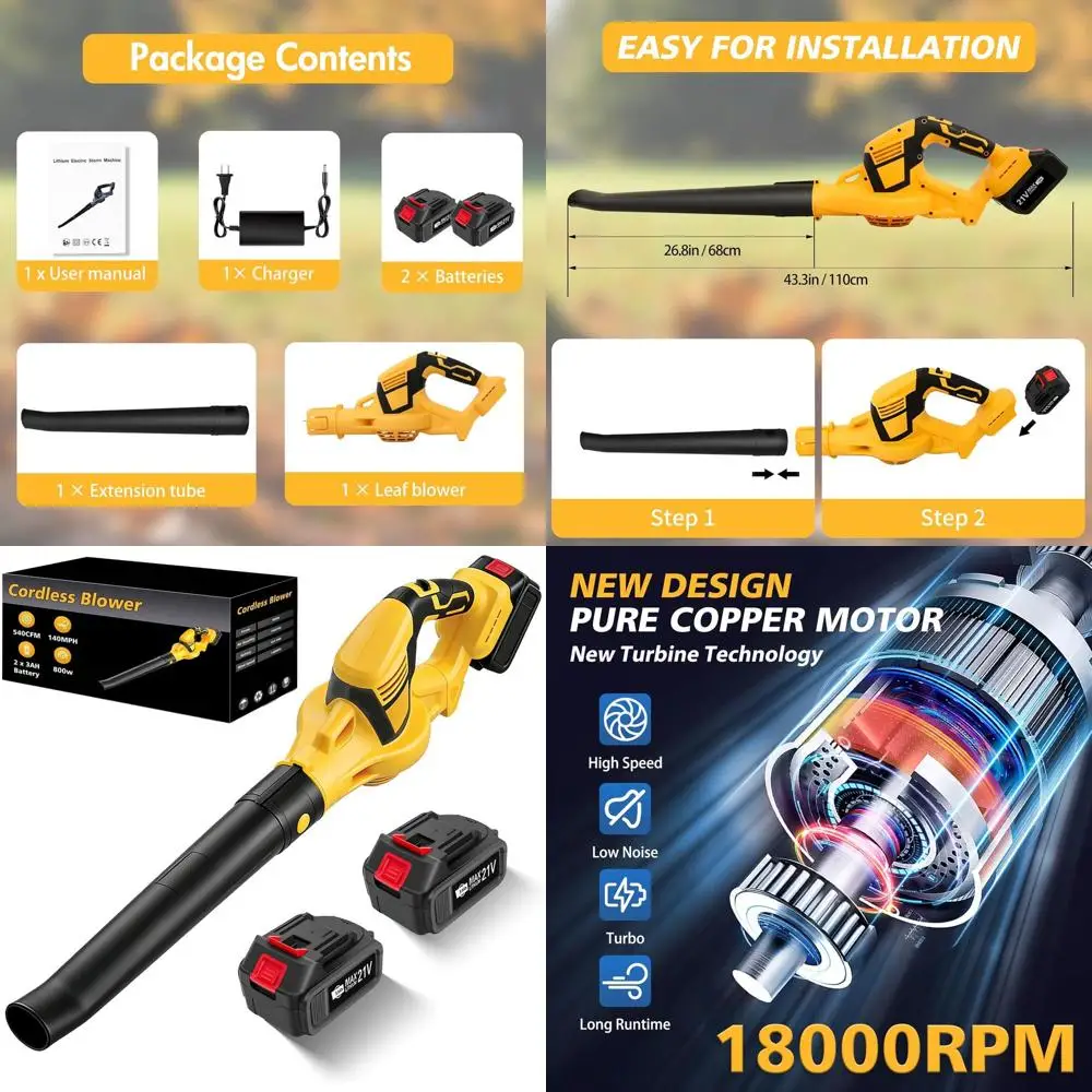 21V Cordless Leaf Blower with 2x3.0Ah Batteries, 540CFM, 140MPH, Lightweight for Lawn, Patio, Leaves, Snow Removal
21V Cordless Leaf Blower with 2x3.0Ah Batteries, 540CFM, 140MPH, Lightweight for Lawn, Patio, Leaves, Snow Removal