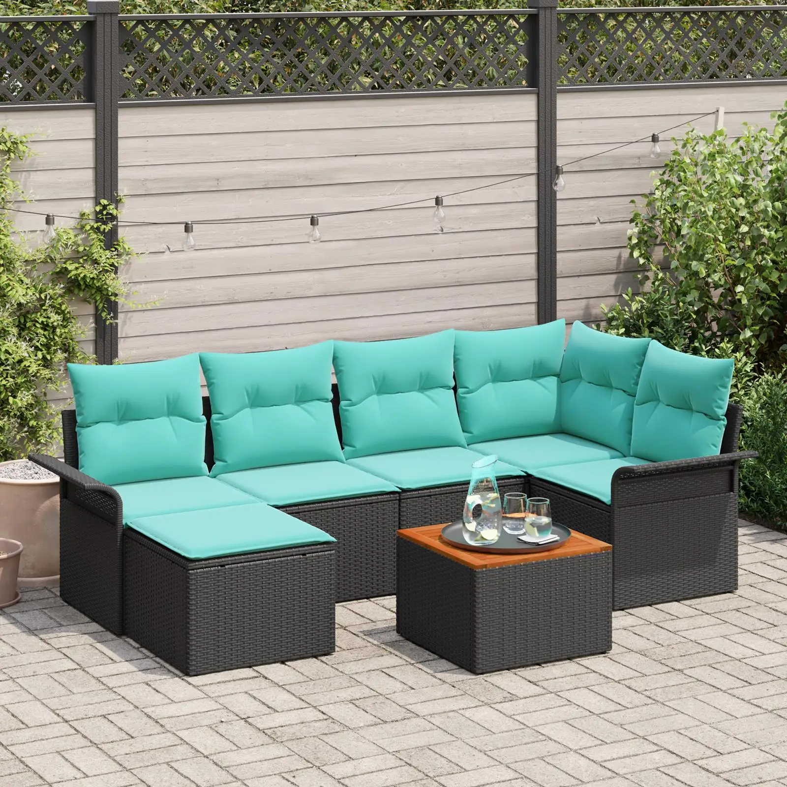 Comfortable 7 Piece Garden Sofa Set Cushioned Black Poly Rattan Acacia Outdoor Furniture for Patio Balcony and Garden
Comfortable 7 Piece Garden Sofa Set Cushioned Black Poly Rattan Acacia Outdoor Furniture for Patio Balcony and Garden