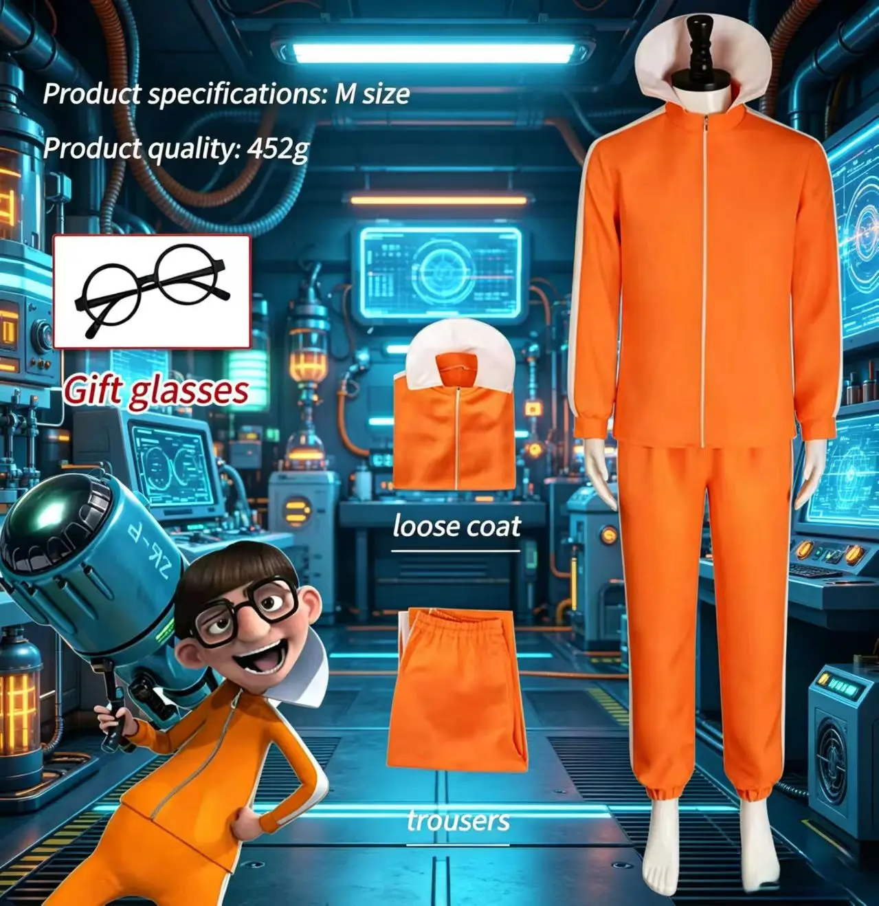 Movie Vector Cosplay Costume Orange Jakect Pant Glasses Outfits Set Mushroom-shaped Wig Halloween Fancy Suit Party Suit
Movie Vector Cosplay Costume Orange Jakect Pant Glasses Outfits Set Mushroom-shaped Wig Halloween Fancy Suit Party Suit