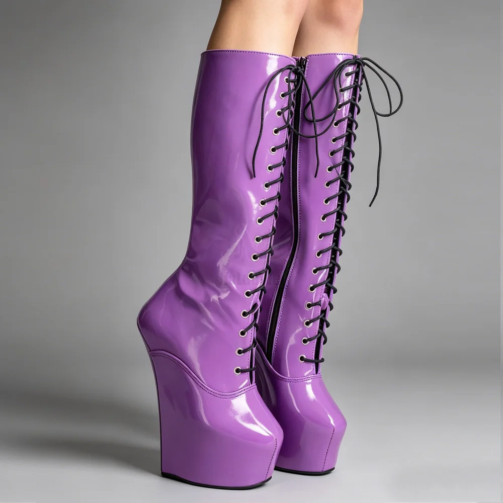 Women's Knee High Boots Sexy Platform Wedge High Heels Lace Up Front Patent Leather Ankle Boots Extreme High Heel Shoes for Stag
Women's Knee High Boots Sexy Platform Wedge High Heels Lace Up Front Patent Leather Ankle Boots Extreme High Heel Shoes for Stag