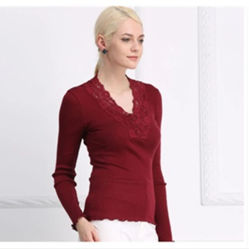 Женская трикотажная базовая рубашка 70% шелк + 30% хлопок Кружева с v-образным вырезом Тонкий женский трикотаж Сексуальная женская весенняя одежда Верхний размер Подходит для размера
Женская трикотажная базовая рубашка 70% шелк + 30% хлопок Кружева с v-образным вырезом Тонкий женский трикотаж Сексуальная женская весенняя одежда Верхний размер Подходит для размера
