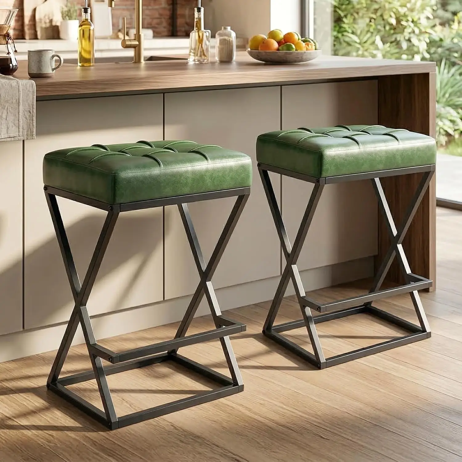 26in Backless Counter Stool Set 2 Upholstered Faux Leather Seat X-Frame Metal Footrest Kitchen Island Green Customized
26in Backless Counter Stool Set 2 Upholstered Faux Leather Seat X-Frame Metal Footrest Kitchen Island Green Customized