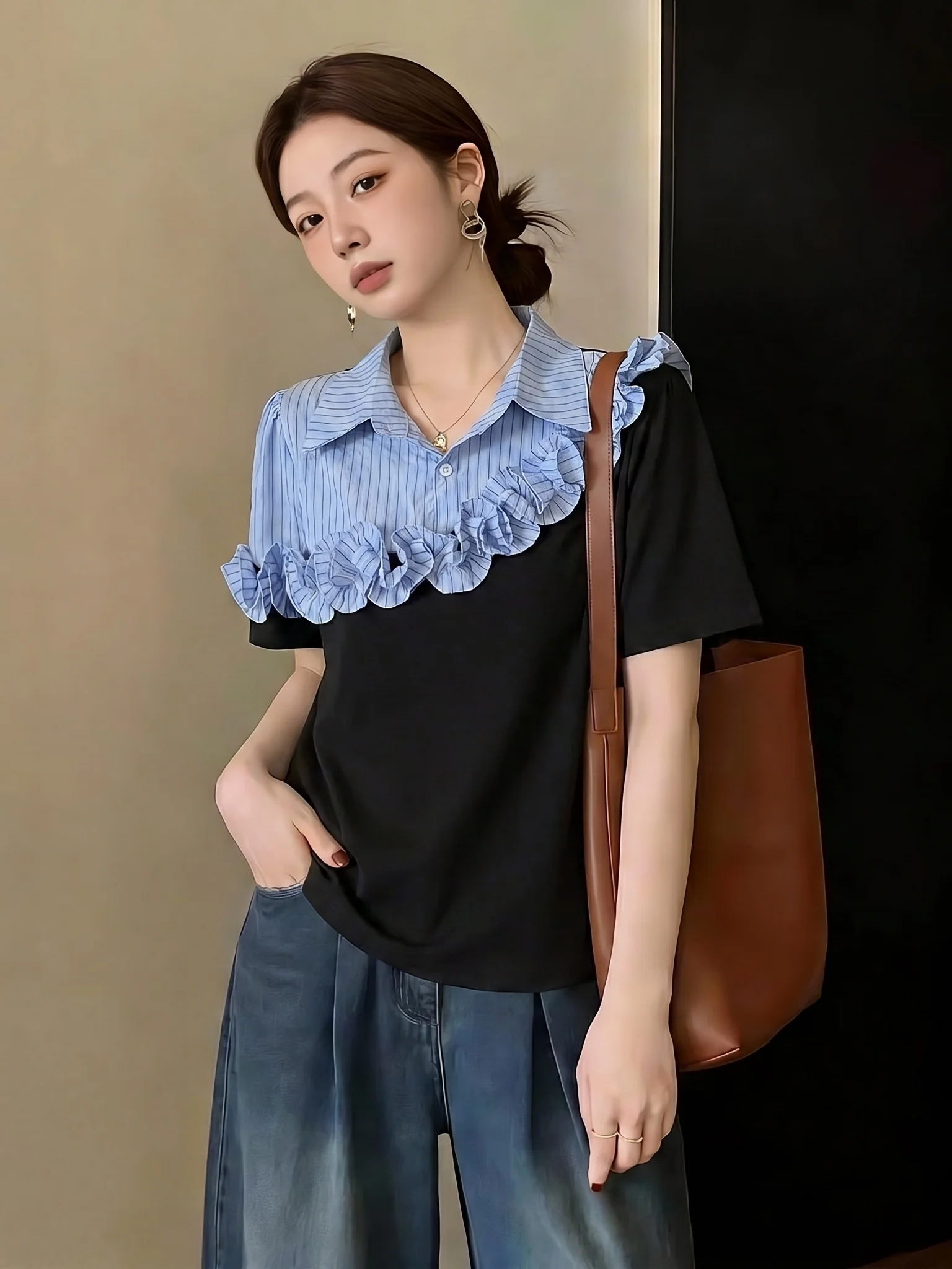 Fashionable Splice Short Sleeve Shirt Women's Shoulder Size plus Korean Style Commute Wind Loose Fit Regular Sleeve Length
Fashionable Splice Short Sleeve Shirt Women's Shoulder Size plus Korean Style Commute Wind Loose Fit Regular Sleeve Length