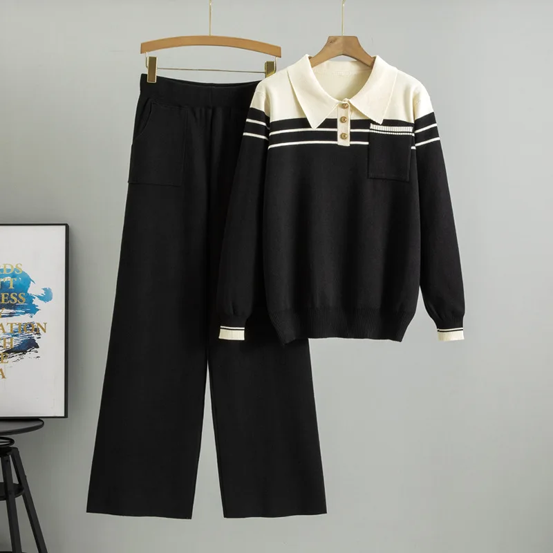 Women Fashion Patchwork Polo Collar Long Sleeve Top Wide Leg Pants with Pocket Knit Women Outfit Casual 2 Piece Sets Loose B663
Women Fashion Patchwork Polo Collar Long Sleeve Top Wide Leg Pants with Pocket Knit Women Outfit Casual 2 Piece Sets Loose B663