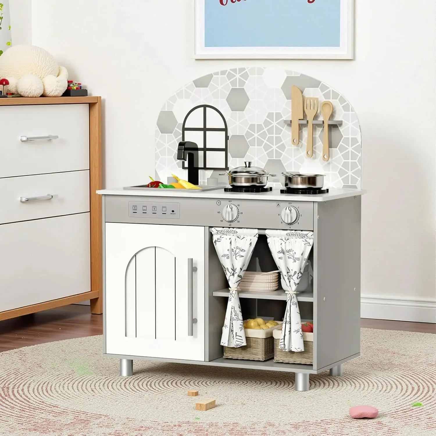 Interactive Play Kitchen Set for Toddlers with Curtained Cabinet, Knobs, Faucet, Sink & Washing Machine, Wooden Cookware Accessories (Gray)
Interactive Play Kitchen Set for Toddlers with Curtained Cabinet, Knobs, Faucet, Sink & Washing Machine, Wooden Cookware Accessories (Gray)