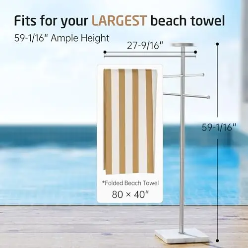 59 Inch Stainless Steel Pool Towel Holder With Marble Base, 3 Adjustable Arms, 6 Clips, Brushed Finish, Fits 80x40 Towel
59 Inch Stainless Steel Pool Towel Holder With Marble Base, 3 Adjustable Arms, 6 Clips, Brushed Finish, Fits 80x40 Towel