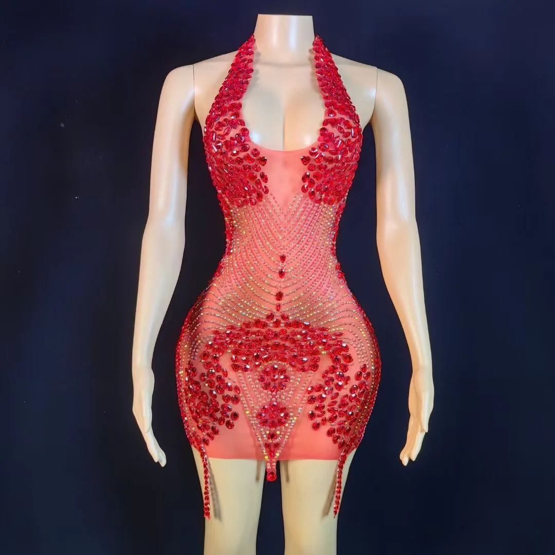 Women Rhinestone Sexy Mesh Hanging Neck Sleeveless Backless Mini Short Dress Club Birthday Party Dress Stage Performance Costume
Women Rhinestone Sexy Mesh Hanging Neck Sleeveless Backless Mini Short Dress Club Birthday Party Dress Stage Performance Costume