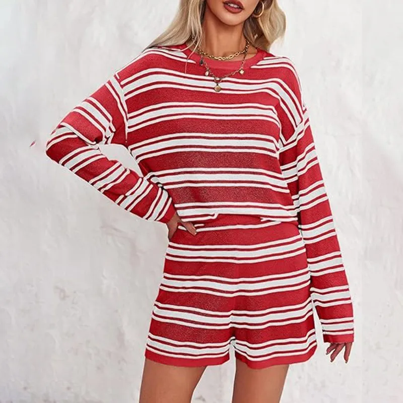 Striped Knitted Two-piece, Round Neck Long Sleeve Pullover Sweater + Knitted Shorts Spell Color Casual Suit for Women's Autumn
Striped Knitted Two-piece, Round Neck Long Sleeve Pullover Sweater + Knitted Shorts Spell Color Casual Suit for Women's Autumn