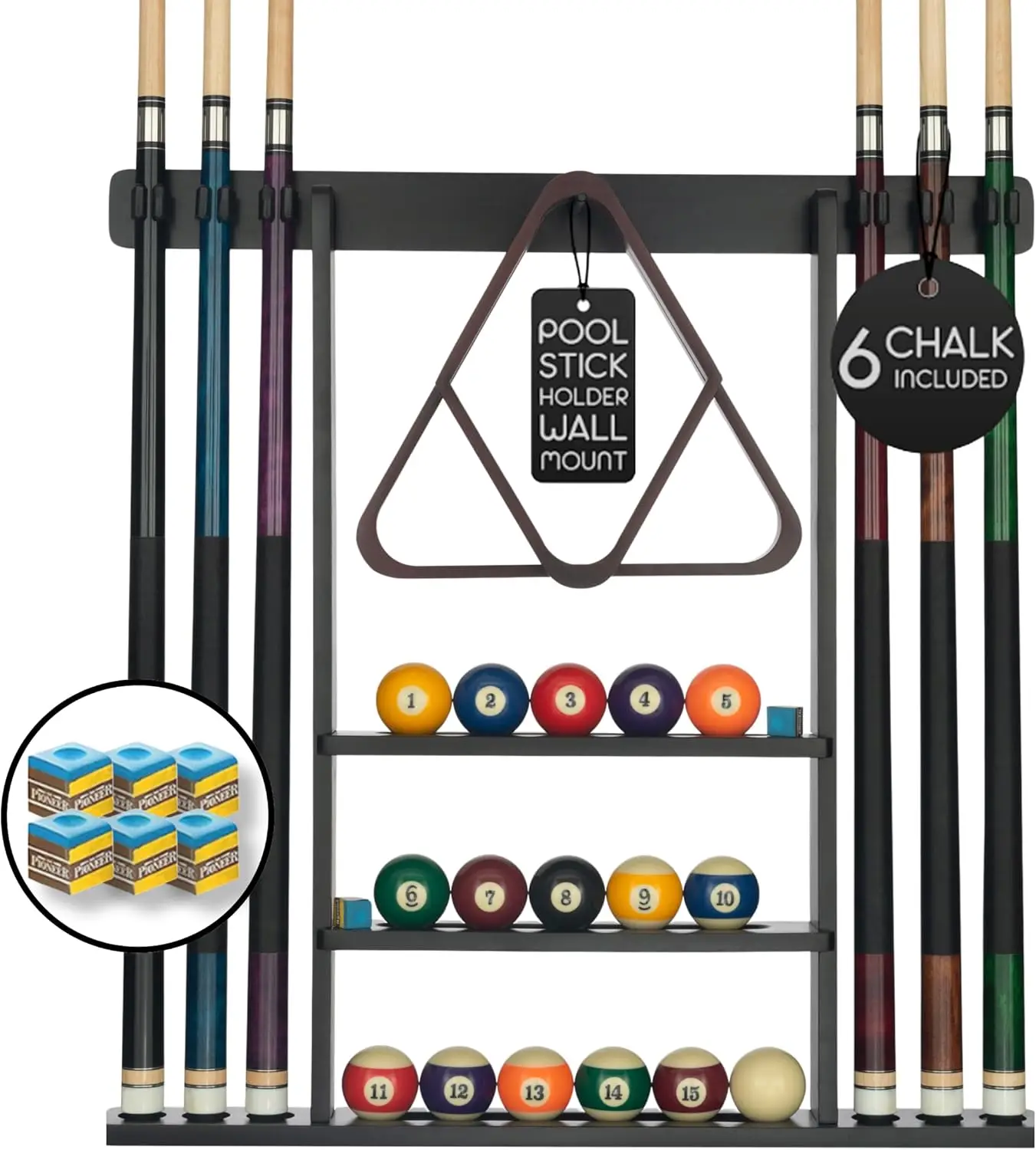 Wall Mount Pool Cue Rack with 16 Ball Holders, 6 Chalk Packs, Rubber Pads & Large Clips for Billiard Table Accessories
Wall Mount Pool Cue Rack with 16 Ball Holders, 6 Chalk Packs, Rubber Pads & Large Clips for Billiard Table Accessories