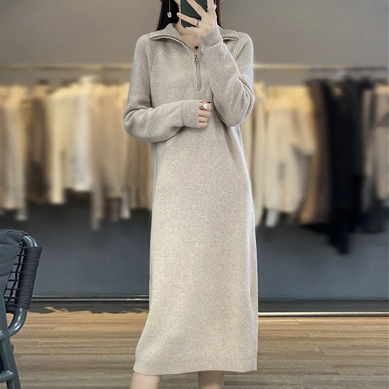 Thick Zipper Mock Neck Chic Elegant Soft Warm Striped Basic Comfort Women's One-piece Dress 100% Merino Wool Exquisite Sweater
Thick Zipper Mock Neck Chic Elegant Soft Warm Striped Basic Comfort Women's One-piece Dress 100% Merino Wool Exquisite Sweater