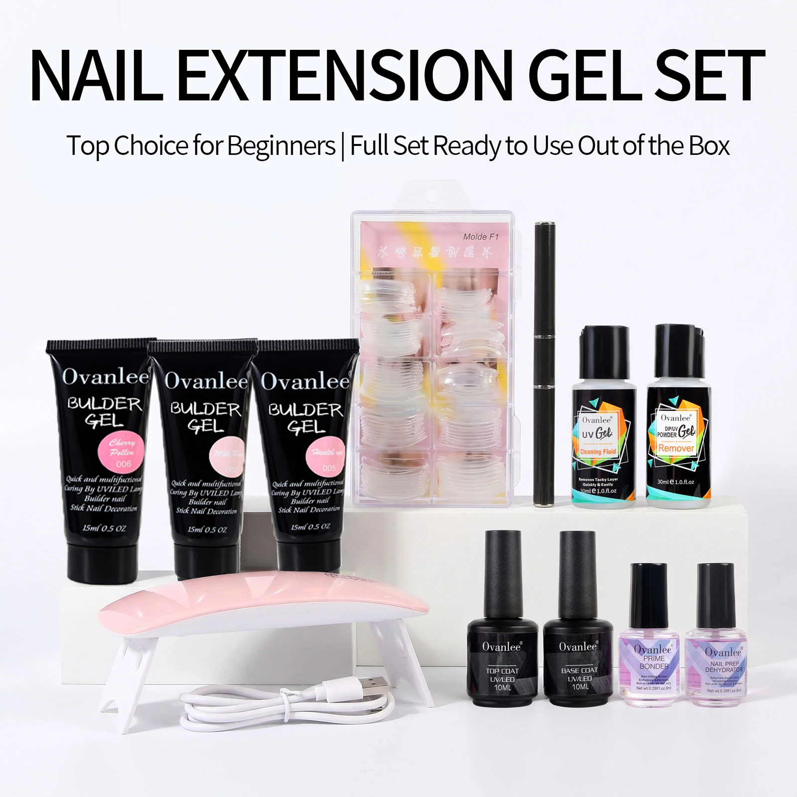 Ovanlee 12pcs gift box packaging,3pcs Builder Gel+2pcs Cleanser+Nail Remover+Base Gel+Primer+Top Gel+UV/LED Lamp+Nail Mold+NailArt Brush
Ovanlee 12pcs gift box packaging,3pcs Builder Gel+2pcs Cleanser+Nail Remover+Base Gel+Primer+Top Gel+UV/LED Lamp+Nail Mold+NailArt Brush