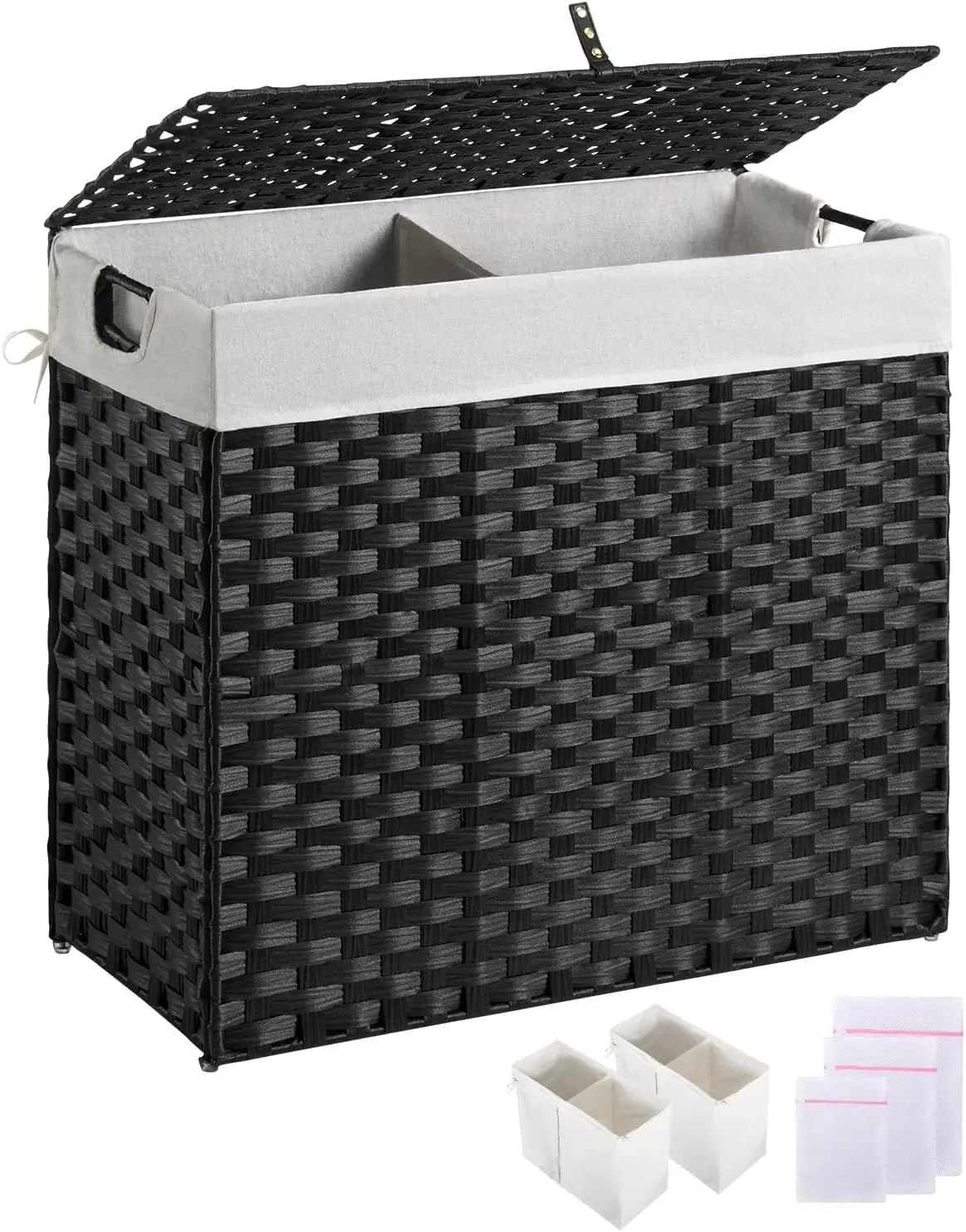 130L Foldable Wicker Laundry Hamper with Lid, 2 Removable Liners, Handwoven Rattan Basket with Handles, Black
130L Foldable Wicker Laundry Hamper with Lid, 2 Removable Liners, Handwoven Rattan Basket with Handles, Black