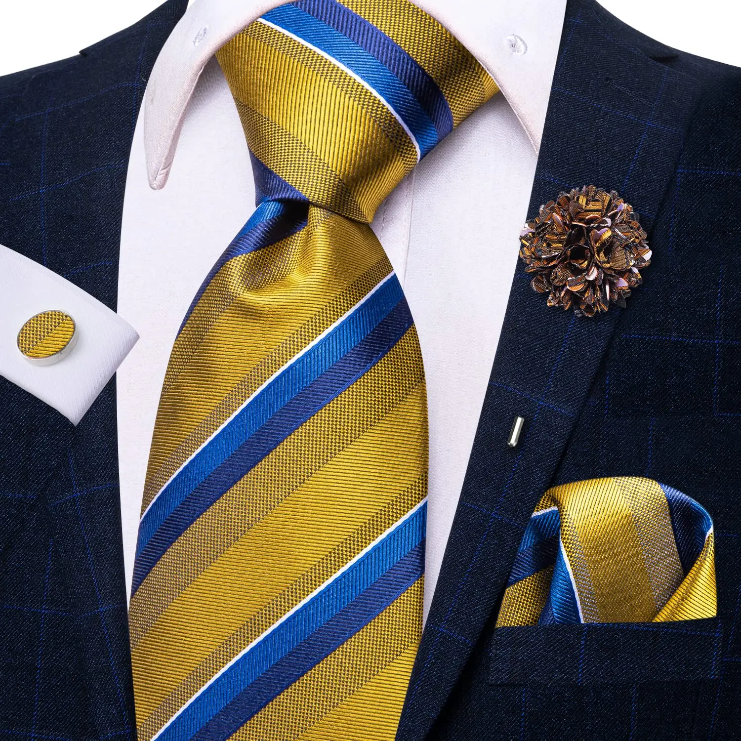 Striped Blue Yellow Neck Ties For Men Luxury 8.5cm Wide Silk Wedding Tie Pocket Square Cufflinks Set Brooch Gifts For Men Hi-Tie
Striped Blue Yellow Neck Ties For Men Luxury 8.5cm Wide Silk Wedding Tie Pocket Square Cufflinks Set Brooch Gifts For Men Hi-Tie