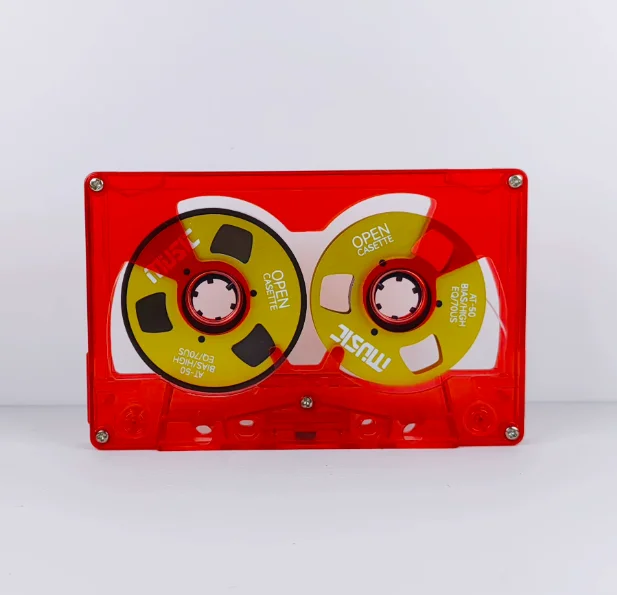 Double-sided metal hollow small open tape 50-minute type a tape transparent red shell + golden disc
Double-sided metal hollow small open tape 50-minute type a tape transparent red shell + golden disc