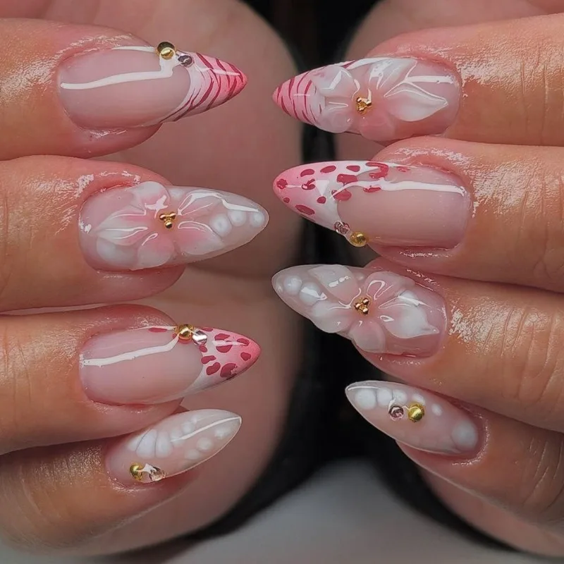 24PCS Sweet Pink French False Nails 3D Flowers Simple Leopard Print Almond Press on Nails Full Cover White Patterns Wearable Tip
24PCS Sweet Pink French False Nails 3D Flowers Simple Leopard Print Almond Press on Nails Full Cover White Patterns Wearable Tip