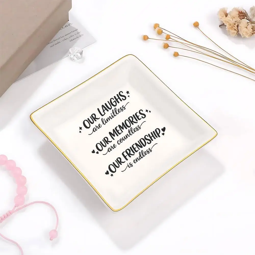 Jewelry Stand Friendship Quote Heart & Star Accents Square Ceramic Jewelry Tray, Minimalist White with Golden Rim Trinket Dish,
Jewelry Stand Friendship Quote Heart & Star Accents Square Ceramic Jewelry Tray, Minimalist White with Golden Rim Trinket Dish,