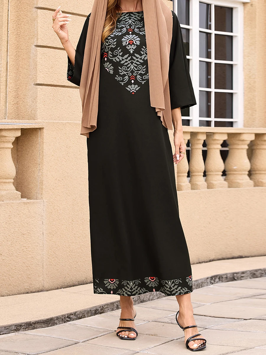 Women Long Dress Middle East 3 4 Sleeve Dress Crew Neck Print Loose Summer Casual Dress
Women Long Dress Middle East 3 4 Sleeve Dress Crew Neck Print Loose Summer Casual Dress