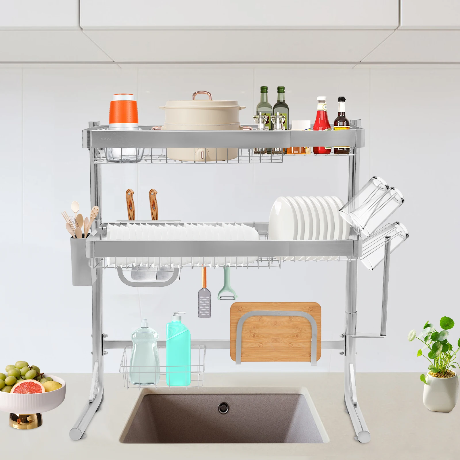 2 Tier Dish Drainer 304 Stainless Steel Large Capacity with Chopstick Cage Cup Holder Basket Cutting Board Holder Knife Holder
2 Tier Dish Drainer 304 Stainless Steel Large Capacity with Chopstick Cage Cup Holder Basket Cutting Board Holder Knife Holder