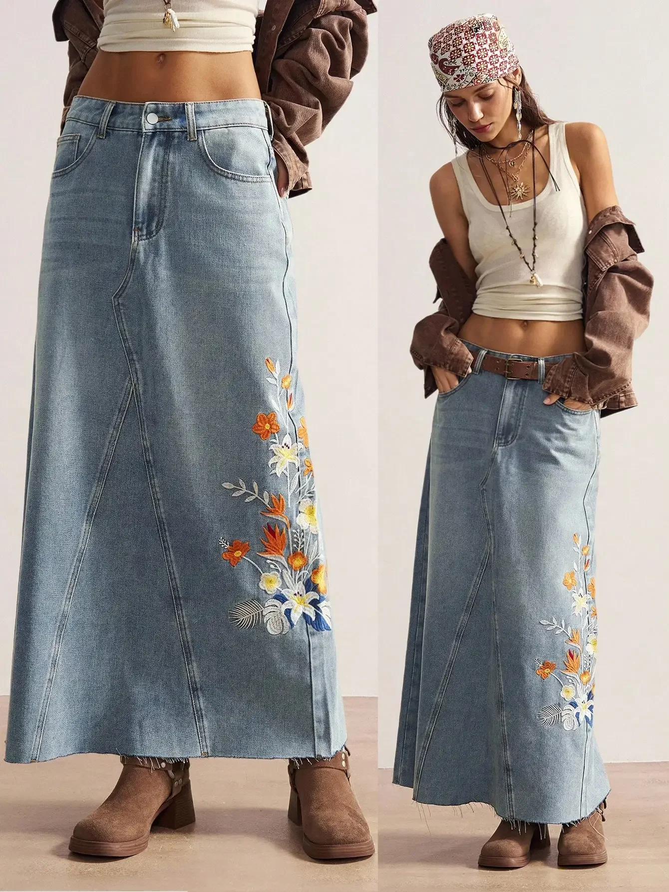 Women's A-Line Denim Maxi Skirt with Floral Embroidery and Frayed Hem
Women's A-Line Denim Maxi Skirt with Floral Embroidery and Frayed Hem