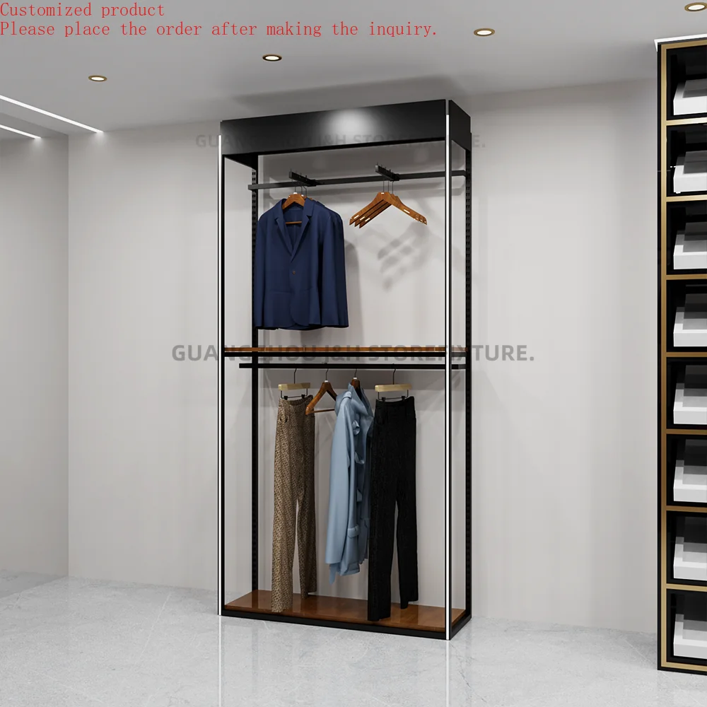 Classic Quality Man Clothes Shop Display Rack Custom Logo Design Metal Black Clothes Hanging Shelves Stand
Classic Quality Man Clothes Shop Display Rack Custom Logo Design Metal Black Clothes Hanging Shelves Stand