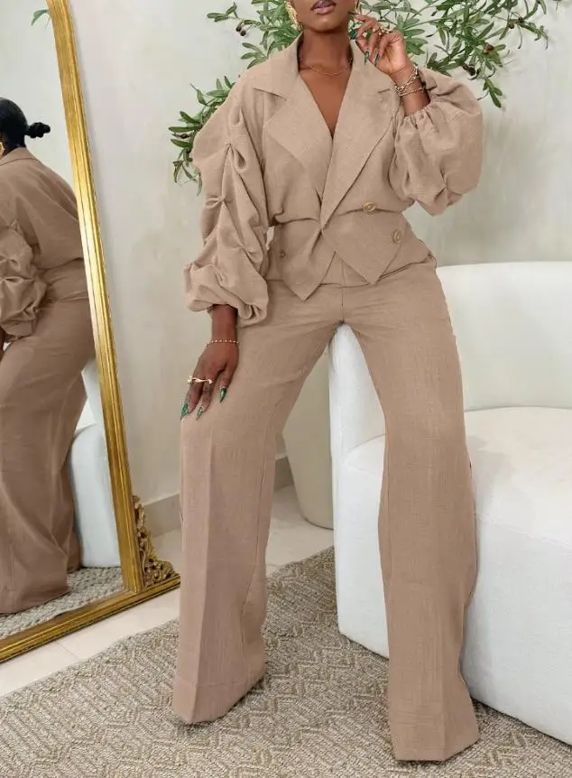 Women's 2 Pieces Outfit Notched Collar Double Breasted Ruched Lantern Sleeve Top & Casual Elastic Waist Wide Leg Pants Set
Women's 2 Pieces Outfit Notched Collar Double Breasted Ruched Lantern Sleeve Top & Casual Elastic Waist Wide Leg Pants Set