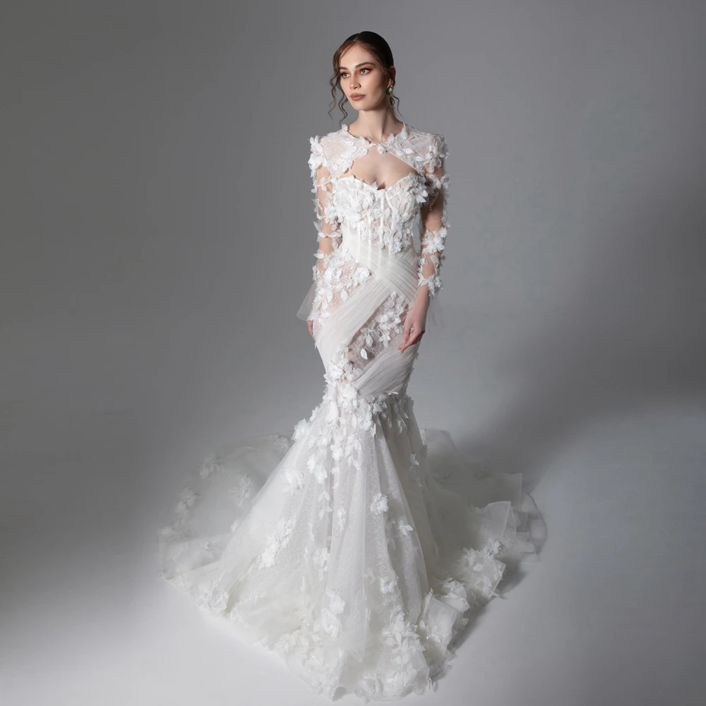 Pretty 3D Flowers Mermaid Wedding Dress Long Sleeves Floral Appliques Tulle Bridal Gown Elegant Mesh Prom Party Dresses
Pretty 3D Flowers Mermaid Wedding Dress Long Sleeves Floral Appliques Tulle Bridal Gown Elegant Mesh Prom Party Dresses