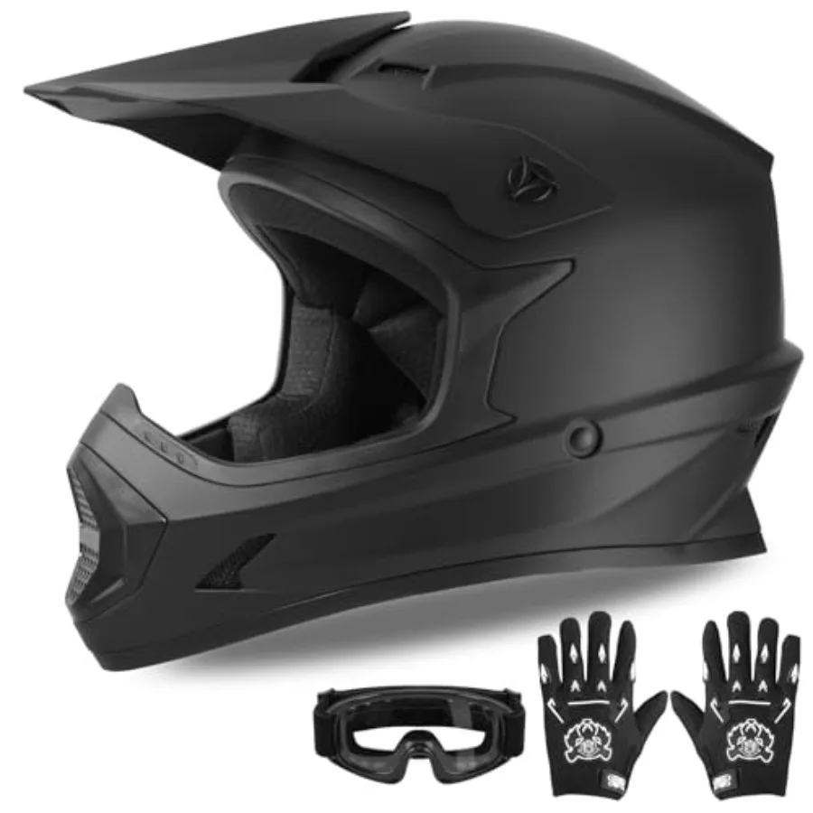 Motocross ATV off-road street bike helmet for kids and youth, matte black full face DOT-certified helmet with goggles and glove
Motocross ATV off-road street bike helmet for kids and youth, matte black full face DOT-certified helmet with goggles and glove