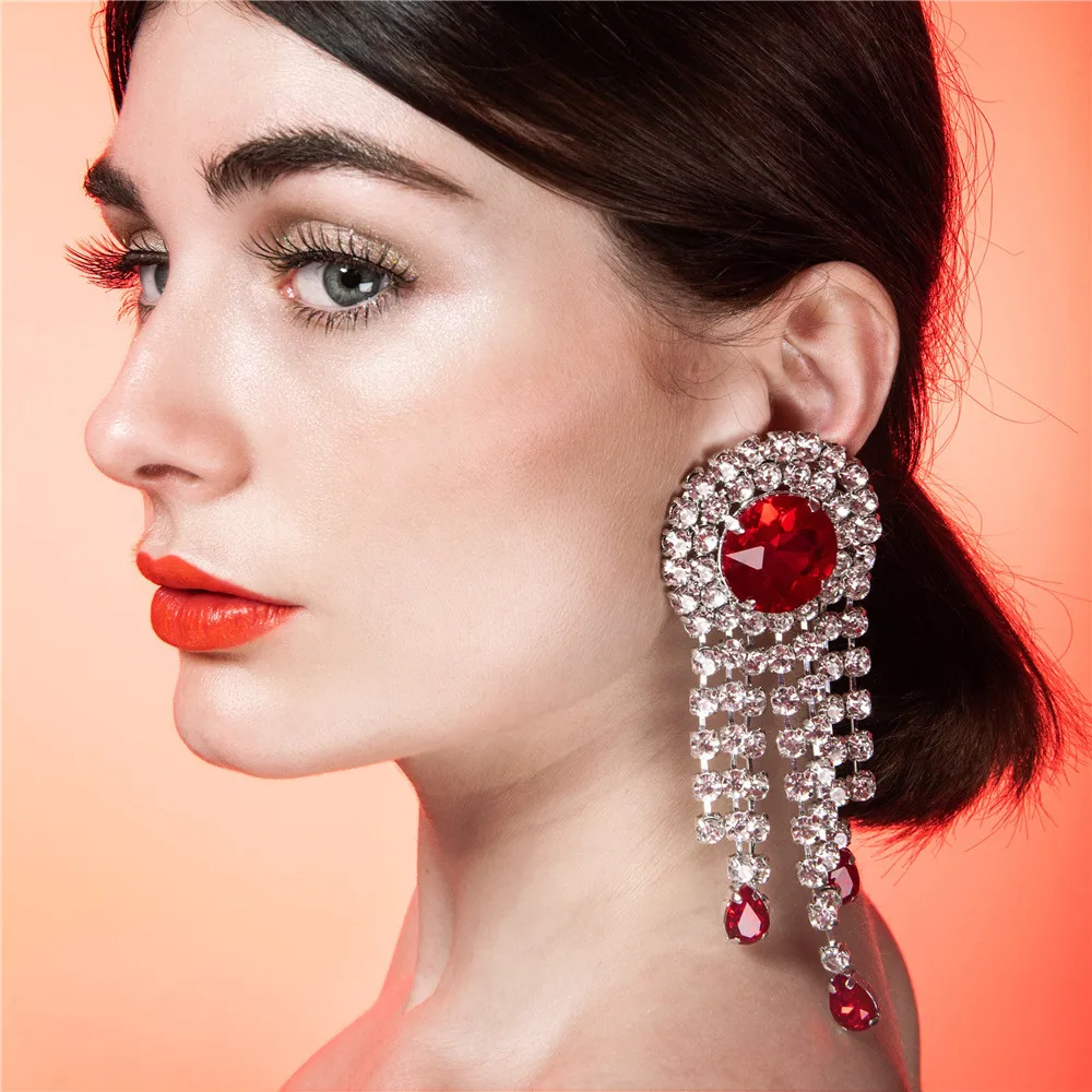 Luxury Crystal Big Red Round Gem Long Tassel Drop Hanging Earrings Jewelry for Women Rhinestone Geometric Pendant Dangle Earring
Luxury Crystal Big Red Round Gem Long Tassel Drop Hanging Earrings Jewelry for Women Rhinestone Geometric Pendant Dangle Earring