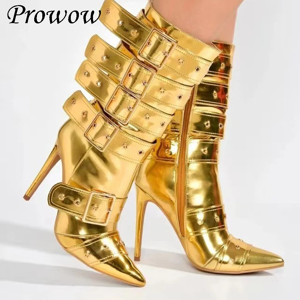 Новые модные золотые сапоги до колена на высоком каблуке с острым носком и пряжкой, женская обувь Zapatos Mujer 
Новые модные золотые сапоги до колена на высоком каблуке с острым носком и пряжкой, женская обувь Zapatos Mujer