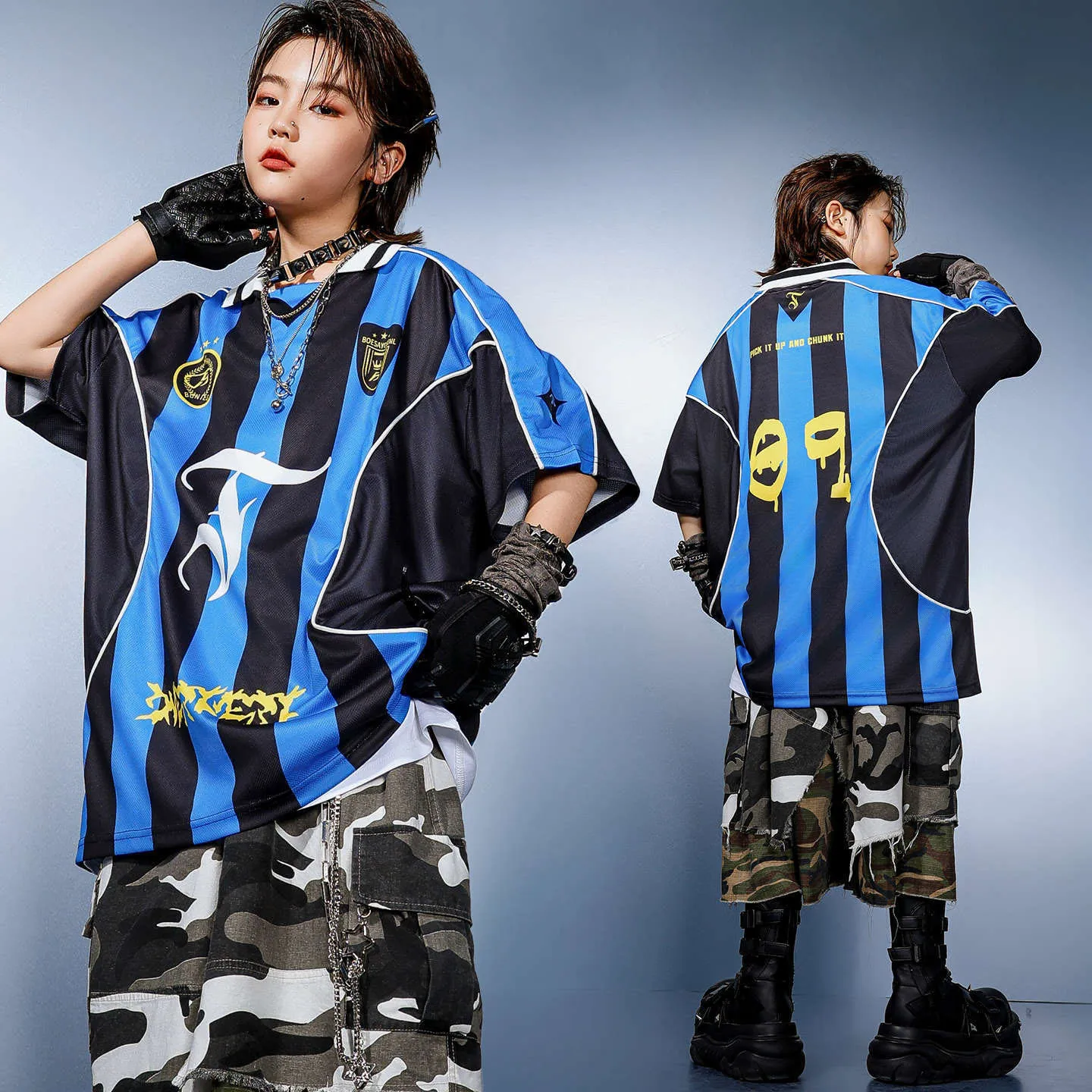 Kid Hip Hop Clothing Striped Blue Lapel Jersey T Shirt Camo Casual Cargo Shorts Capri Pants for Girl Boy Dance Costume Clothes 
Kid Hip Hop Clothing Striped Blue Lapel Jersey T Shirt Camo Casual Cargo Shorts Capri Pants for Girl Boy Dance Costume Clothes