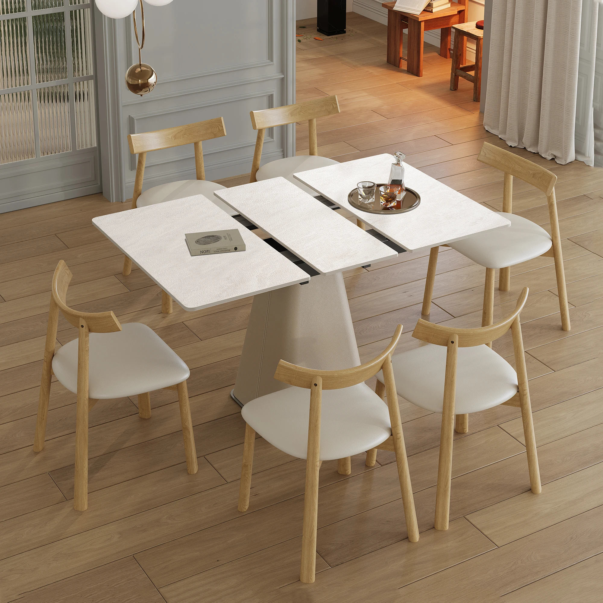 Modern 7-Piece Expandable Table With 6 Wooden Leg Chairs & Leather-Wrapped Base
Modern 7-Piece Expandable Table With 6 Wooden Leg Chairs & Leather-Wrapped Base