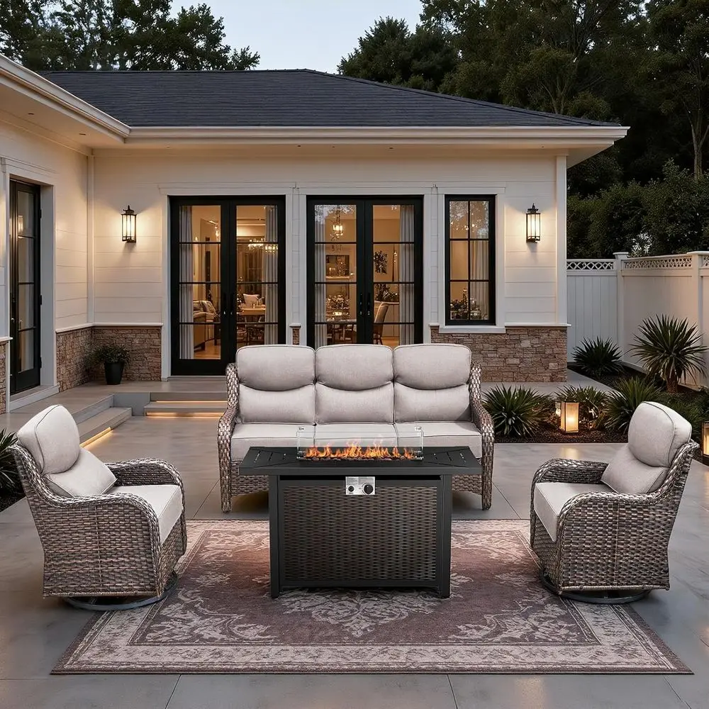 4-Piece High-Back Outdoor Patio Furniture Set with Fire Pit and 6 Cushions, Ideal for Wicker Swivel Rocker Chairs on Balconies,
4-Piece High-Back Outdoor Patio Furniture Set with Fire Pit and 6 Cushions, Ideal for Wicker Swivel Rocker Chairs on Balconies,