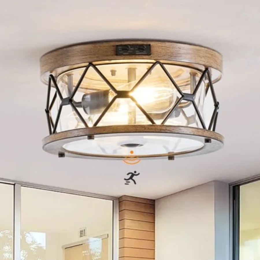 Motion Sensor Outdoor Flush Mount Ceiling Light, Industrial Glass Rustic Wood-Like Finish 2-Light Ceiling Lamp for Porch, Entry
Motion Sensor Outdoor Flush Mount Ceiling Light, Industrial Glass Rustic Wood-Like Finish 2-Light Ceiling Lamp for Porch, Entry