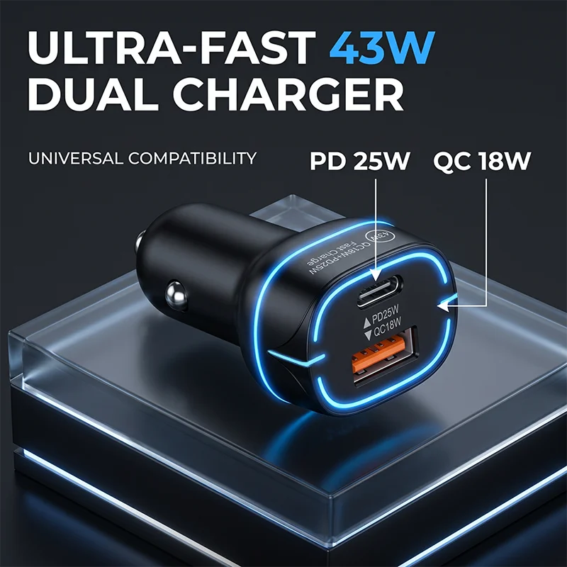 Dual Port 43W Car Charger Fast Charging Adapter Type C PD 25W USB A QC 18W Auto Power Supply with LED Ring Feature For iPhone
Dual Port 43W Car Charger Fast Charging Adapter Type C PD 25W USB A QC 18W Auto Power Supply with LED Ring Feature For iPhone