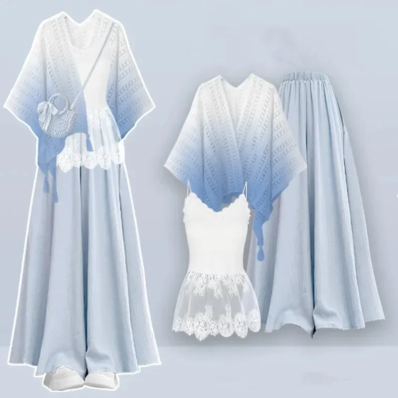 2025 Spring Summer Gradient Thin Knit Shawl White Sling Green Wide Leg Pants 3 Piece Set Women Loose Tops Vest Trousers Suits
2025 Spring Summer Gradient Thin Knit Shawl White Sling Green Wide Leg Pants 3 Piece Set Women Loose Tops Vest Trousers Suits