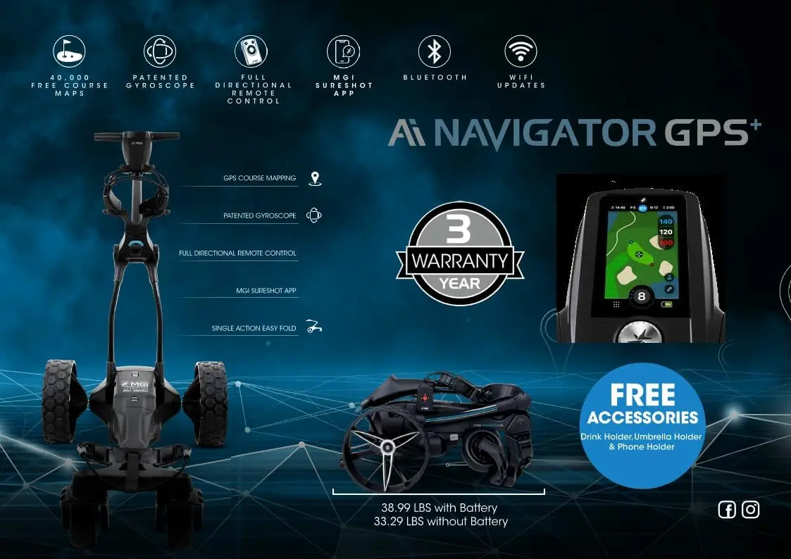 MGI Navigator Ai GPS Electric Golf Cart with 36H Lithium Battery Remote Control Includes Drink Umbrella GPS Holder Black Plastic
MGI Navigator Ai GPS Electric Golf Cart with 36H Lithium Battery Remote Control Includes Drink Umbrella GPS Holder Black Plastic