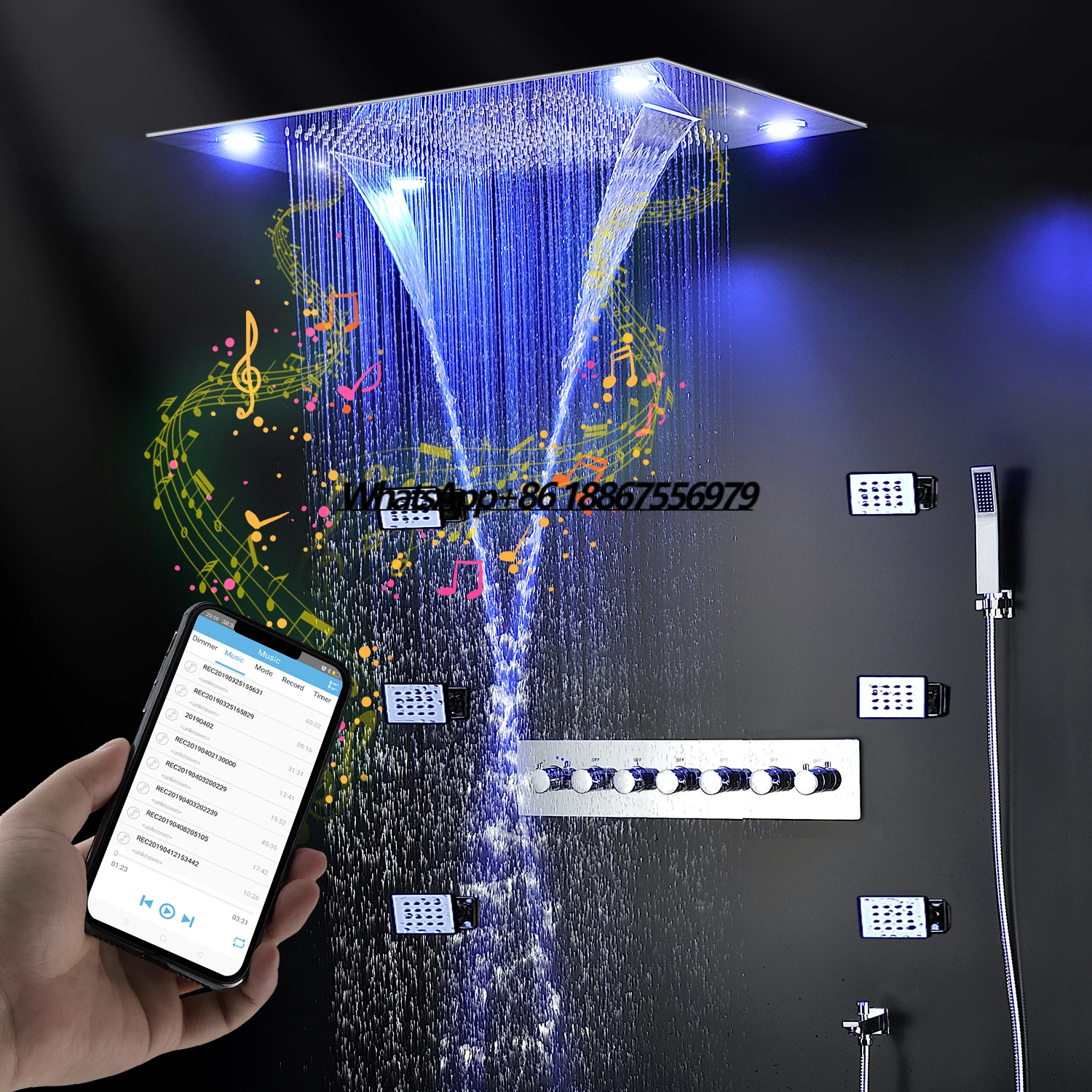 Luxury Music Shower Set Colorful LED Showerhead Panel Multi Functions Bathroom Thermostatic Mixer Black Faucet Massage Body Jet
Luxury Music Shower Set Colorful LED Showerhead Panel Multi Functions Bathroom Thermostatic Mixer Black Faucet Massage Body Jet
