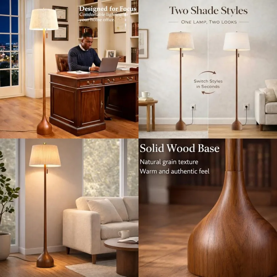 65" Mid Century Modern Vintage Real Wood Floor Lamp with 2 Shades for Two Looks, Sculptural Standing Lamp with Teardrop Base an
65" Mid Century Modern Vintage Real Wood Floor Lamp with 2 Shades for Two Looks, Sculptural Standing Lamp with Teardrop Base an