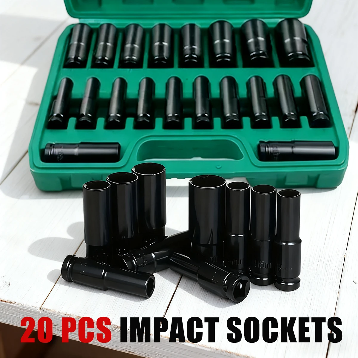 1/ 2 Inch Drive Socket Set, 20pcs Metric Size (8-32mm) Impact Socket Sets, 6 Point Deep Sockets with a Storage Cage, CR-V Steel
1/ 2 Inch Drive Socket Set, 20pcs Metric Size (8-32mm) Impact Socket Sets, 6 Point Deep Sockets with a Storage Cage, CR-V Steel