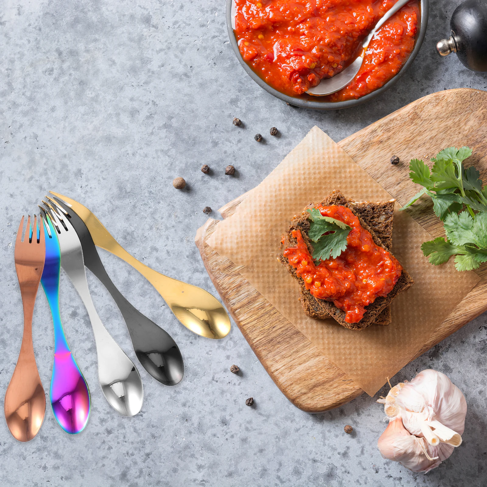 5pcs Stainless Steel Spoon Fork 2 In 1 Ergonomic Spork Household Tableware Combo Modern Metal Cutlery Multi Use Scraping Design
5pcs Stainless Steel Spoon Fork 2 In 1 Ergonomic Spork Household Tableware Combo Modern Metal Cutlery Multi Use Scraping Design