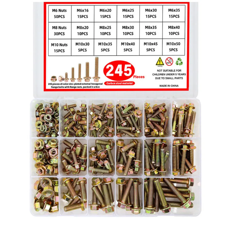 245PCS Grade 8.8 M6 M8 M10 Flanged Bolts and Nuts Assortment Kit Metric Flanged Hex Screws Nuts Includes 15 Sizes
245PCS Grade 8.8 M6 M8 M10 Flanged Bolts and Nuts Assortment Kit Metric Flanged Hex Screws Nuts Includes 15 Sizes