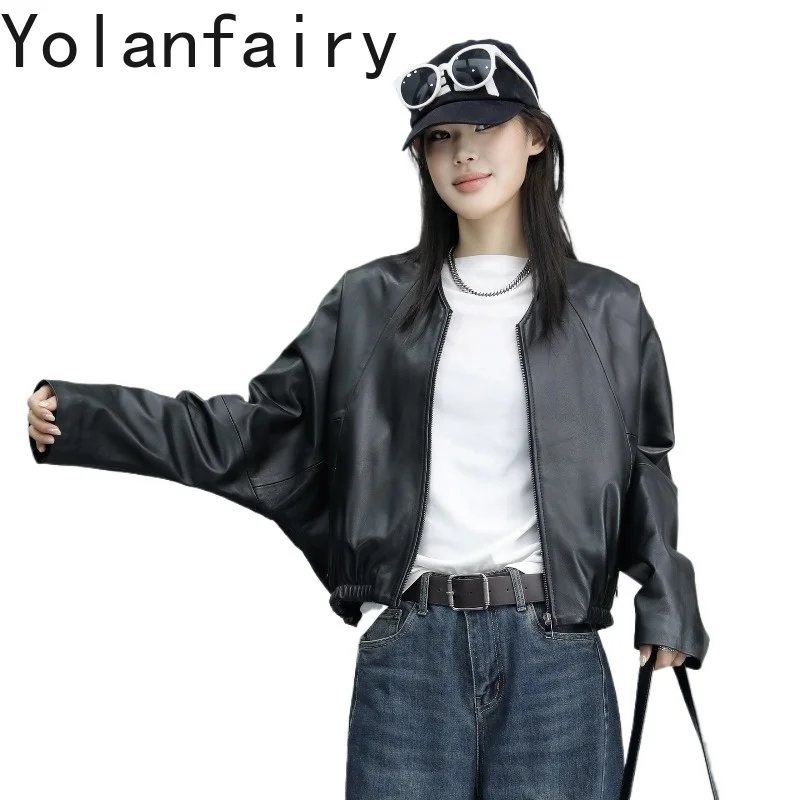YOLANFAIRY Autumn Women Black Genuine Sheepskin Leather Jacket V Neck Bat Sleeve Real Leather Coat Korean Style Short Outerwear
YOLANFAIRY Autumn Women Black Genuine Sheepskin Leather Jacket V Neck Bat Sleeve Real Leather Coat Korean Style Short Outerwear