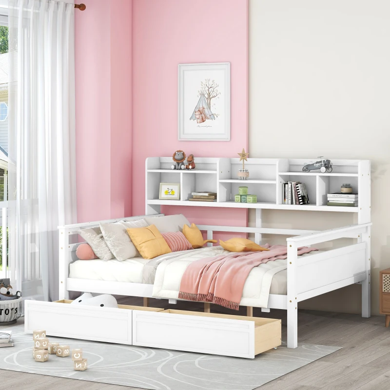 Full size Daybed, Wood Slat Support, with Bedside Shelf and Two Drawers, White
Full size Daybed, Wood Slat Support, with Bedside Shelf and Two Drawers, White