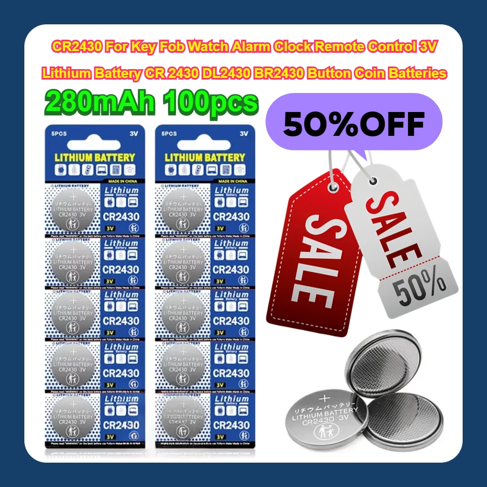 280mAh 100pcs CR2430 For Key Fob Watch Alarm Clock Remote Control 3V Lithium Battery CR 2430 DL2430 BR2430 Button Coin Batteries
280mAh 100pcs CR2430 For Key Fob Watch Alarm Clock Remote Control 3V Lithium Battery CR 2430 DL2430 BR2430 Button Coin Batteries