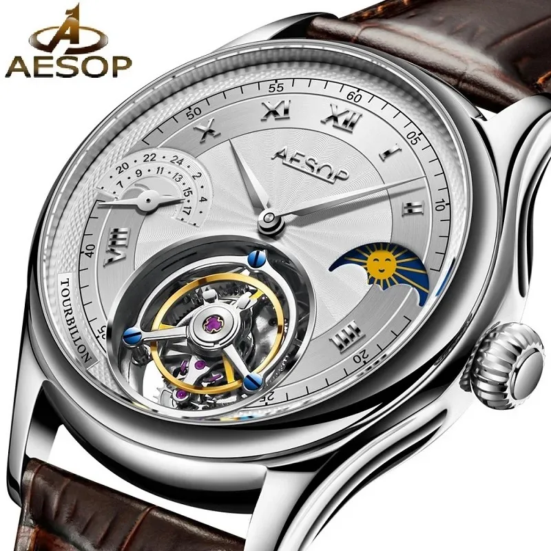 AESOP Mens Tourbillon Watch Mechanical Moon Phase Dial Genuine Leather Strap Luxury Business Dress Wristwatch for Men
AESOP Mens Tourbillon Watch Mechanical Moon Phase Dial Genuine Leather Strap Luxury Business Dress Wristwatch for Men