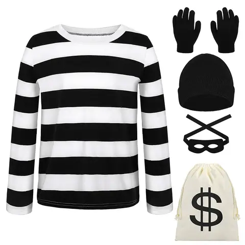 Adults Thief Cosplay Costume for Halloween Long Sleeved Striped T-shirt Canvas Bag Gloves Eye Mask Knitted Hat Outfit for Party