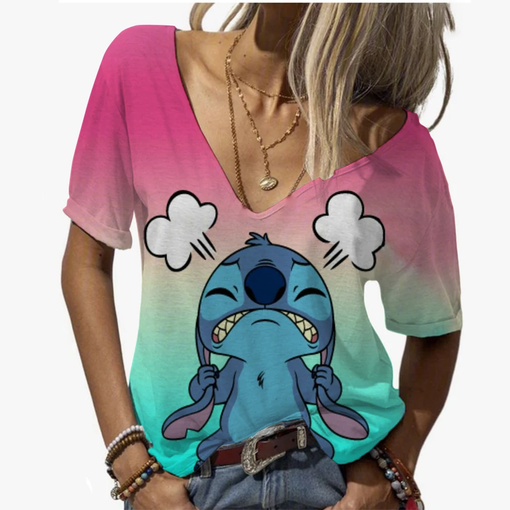Summer New Disney Stitch Printed Women's T-shirts Plus Size V-Neck Top Blouse Design Female Shirt Women's Clothing Oversized
Summer New Disney Stitch Printed Women's T-shirts Plus Size V-Neck Top Blouse Design Female Shirt Women's Clothing Oversized