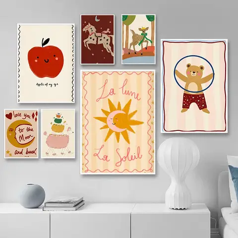 Cute And Abstract Sun Moon Animals Fruit Letters Cartoon Poster Canvas Print Children's Room Game Room Baby Lounges Wall Deco